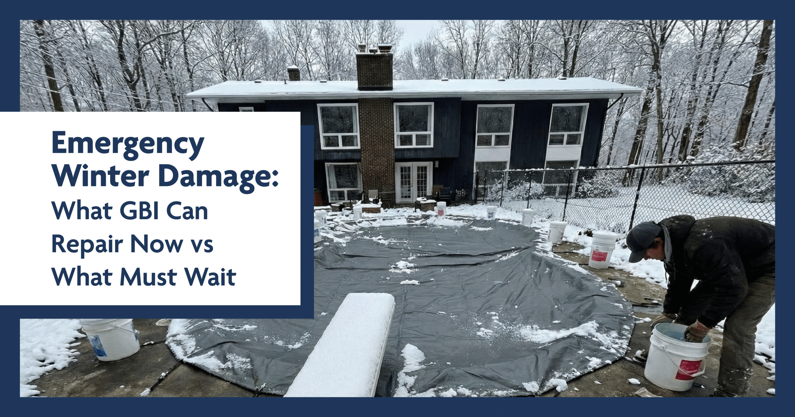 Person in winter gear works by covered equipment in a snowy backyard; a sign says: Emergency Winter Damage Repair.