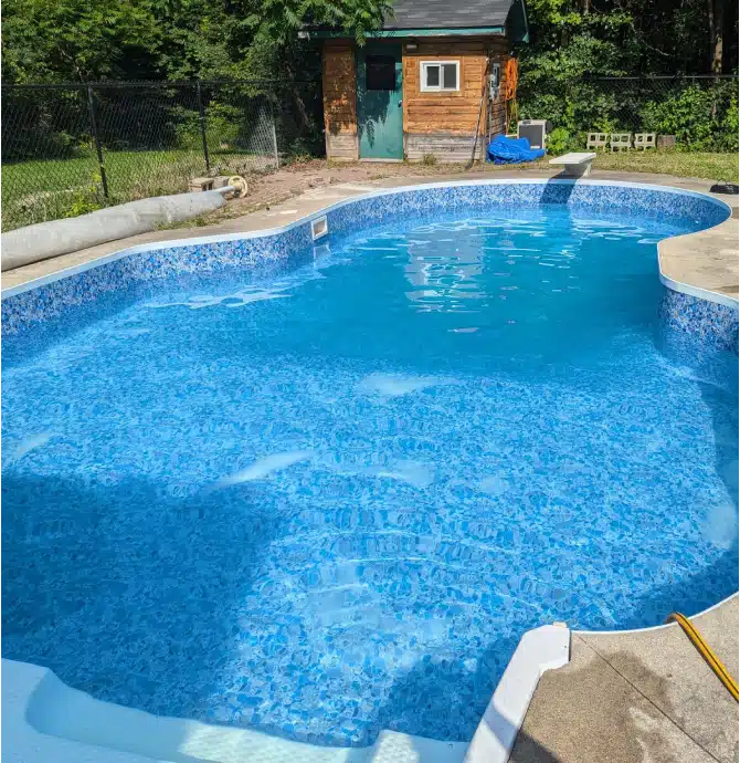 Backyard inground swimming pool with clear blue water and a wooden shed in the background.