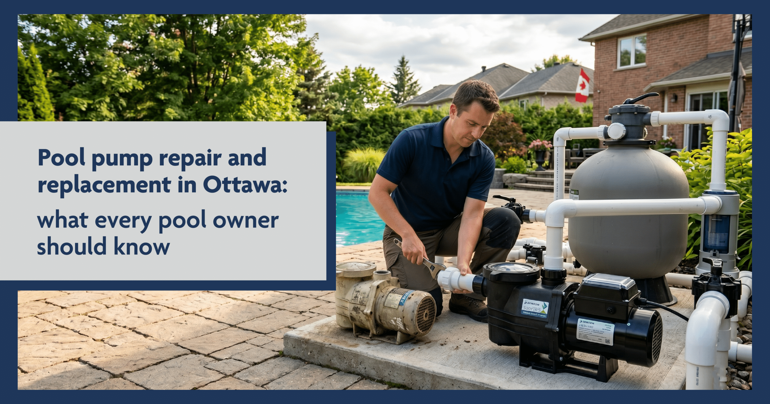 Technician repairing pool pump next to backyard swimming pool on sunny day near residential home.