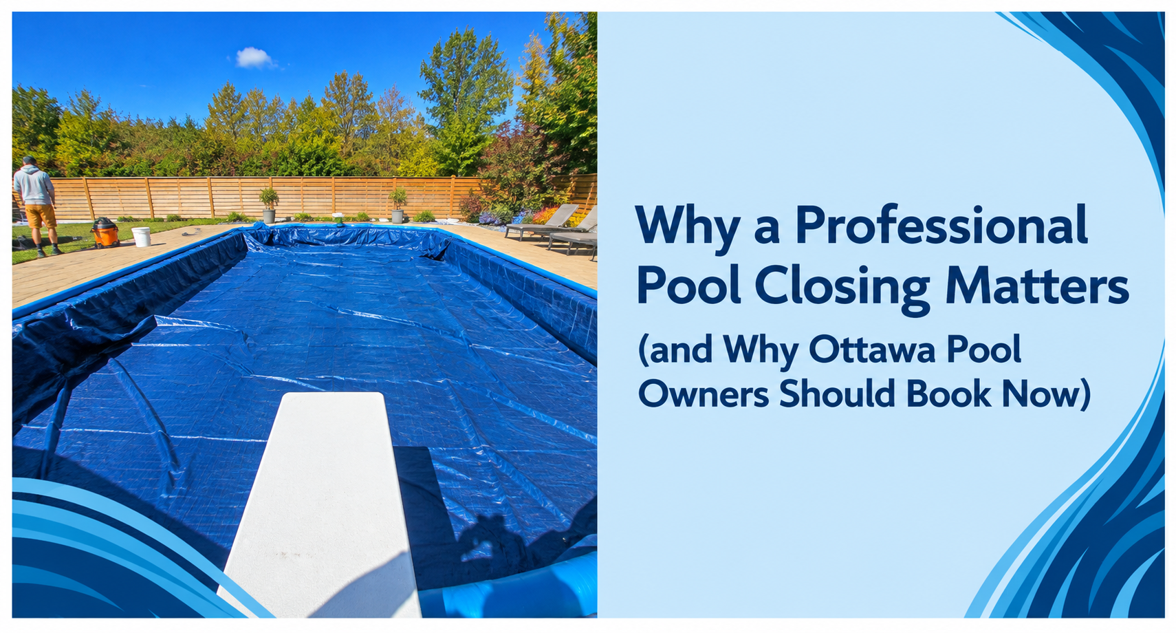 Blue tarp winter pool cover for seasonal closing services in Ottawa. Blue tarp winter pool cover for seasonal closing services in Ottawa.